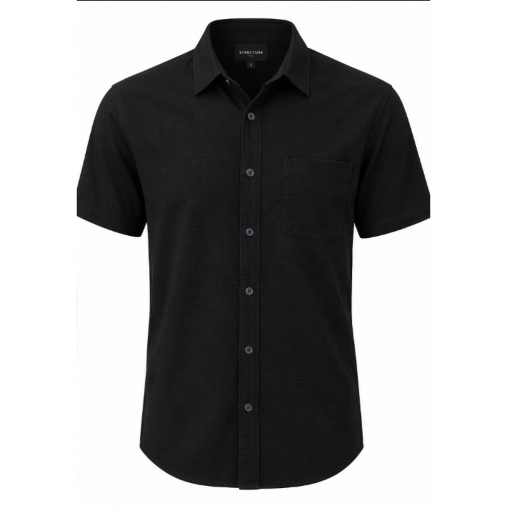 Bugatchi Uomo Mens Large Black Textured Short Sleeve Button Down Camp Shirt